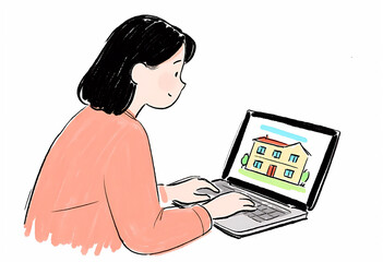 Woman Using Laptop to Browse Real Estate Listings Online, Featuring a Cartoon House Illustration