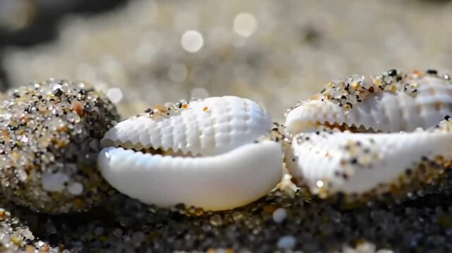 Exquisite detail shot of three pristine white cowrie shells resting gently on the golden, glistening grains of a sunlit sandy beach, evoking a sense of tranquil summer discovery