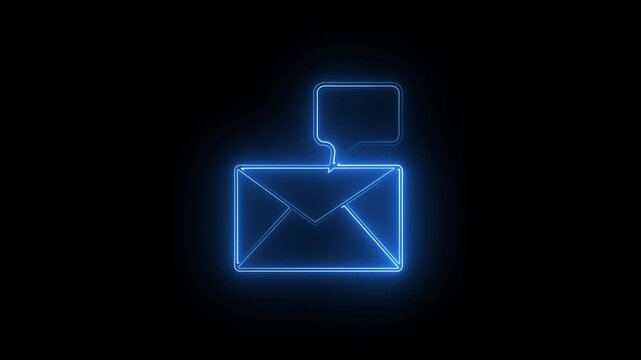 Blue Neon Envelope and Speech Bubble Icon Glowing on Black Background mail message