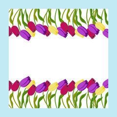 Frame with decorative corners made of multicolored tulips. Vector illustration isolated on blue background.