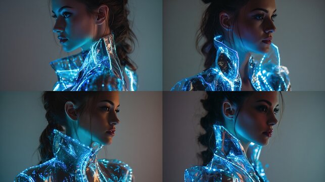 Four-panel image shows a woman in futuristic, clear outerwear with integrated blue neon lighting