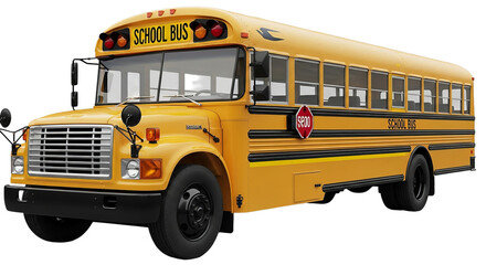 Bright yellow school bus parked on a city street with children boarding and trees in the background