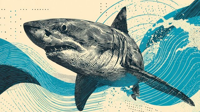 Detailed illustration of a shark with wave background marine life concept