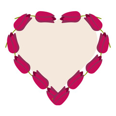 Frame of tulips in the shape of heart. Floral element for your design. Vector illustration isolated on white background.