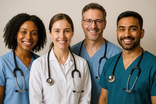Hospital team portrait with doctors nurses and staff aligned against clean wall communicating trust expertise and inclusive care for healthcare branding