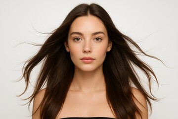 Naklejka premium Cinematic brunette with cascading voluminous hair on pristine seamless white backdrop