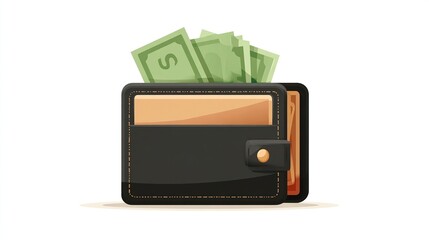 Obraz premium A cartoon image shows an open black wallet overflowing with green paper currency