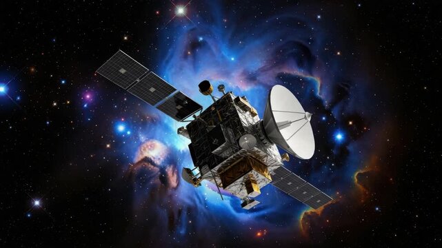 detailed space probe with extended solar panels and prominent white dish antenna against cosmic backdrop of swirling blue and orange nebulas and numerous bright colorful stars