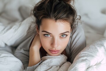 Attractive young woman reclining in bed