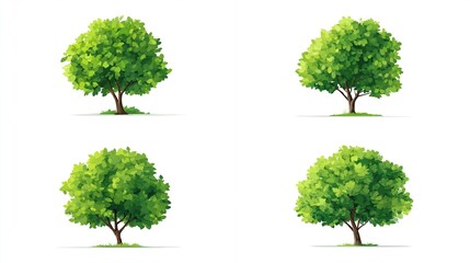 Four stylized trees with lush green foliage and brown trunks are rendered against a clean white background