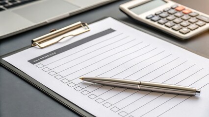 Naklejka premium agreement owner management interest concept. Clipboard with checklist, pen, calculator, and laptop on desk.