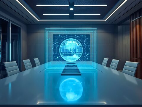 Futuristic boardroom with holographic globe display at center of conference table