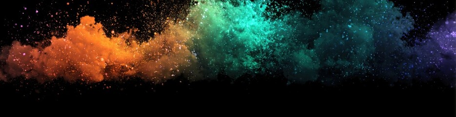 Obraz premium Multicolor Particle Explosion with Orange, Teal, Blue, Purple Hues. Abstract Digital Art Background for Sci-Fi, Visual Effects, and Creative Design Projects.