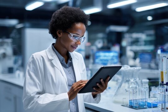 Black female scientist working with a touchpad in a lab - Powered by Adobe