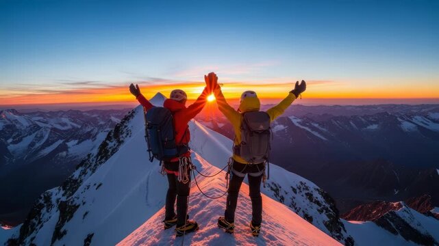 Two triumphant climbers stand on snowy mountain ridge at sunrise hands clasped arms raised in victory They wear helmets and gear facing vibrant orange horizon above vast snow-capped range