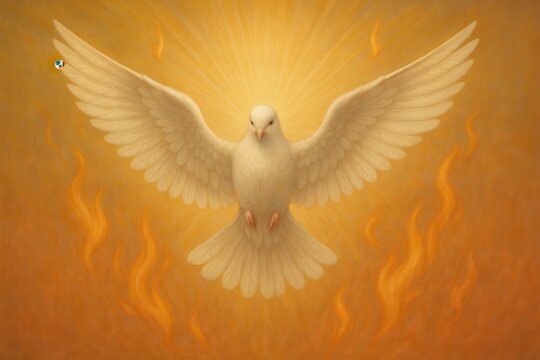 Pentecost dove soaring with radiant light and gentle flames on warm sky