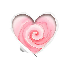 A heart shape with ripped edges, revealing a soft pink swirling texture resembling delicate flower petals, isolated on a transparent background. Symbol of love and organic beauty.