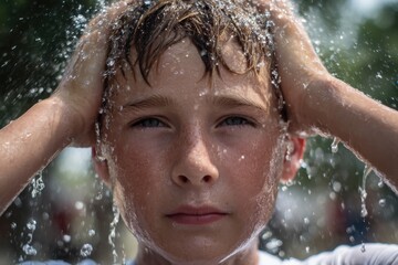 Obraz premium Boy refreshes himself by pouring water on his head