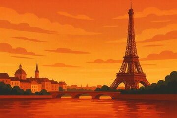 Fototapeta premium Vintage travel poster style European skyline with iconic lattice tower beside a river at warm sunset