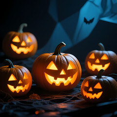 Fototapeta premium Abstract background with glowing pumpkins and dark shadows.