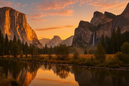 Majestic Yosemite Valley at golden hour with towering granite walls misty falls and a meandering river winding through the forested floor under a glowing sky - Powered by Adobe