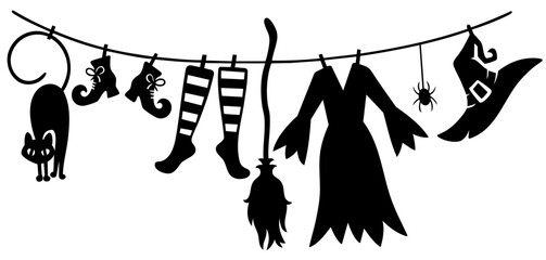 Witch clothes and accessories hanging on line — dress, hat, broom, boots and cat, halloween silhouette