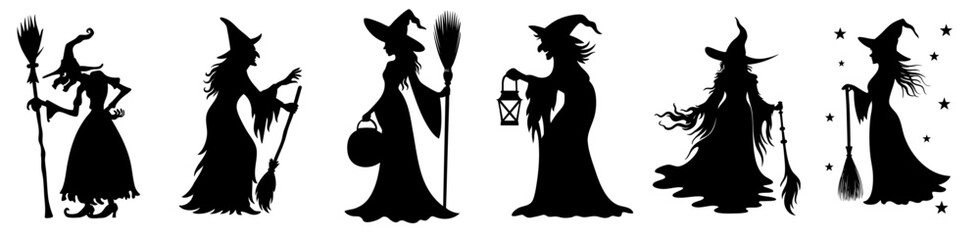 Witches Standing with Brooms, Lanterns and Magic Stars — Classic Halloween Silhouettes of Sorceresses