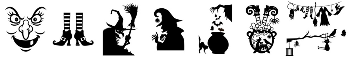 Halloween Witches and Spooky Symbols — Faces, Boots, Cauldrons, Cats and Witch Hats for Dark Night Design