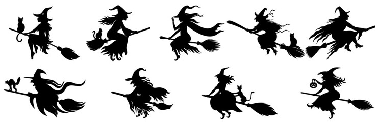 Witches Flying on Broomsticks with Black Cats and Pumpkins — Halloween Night Silhouettes of Magical Women in Motion
