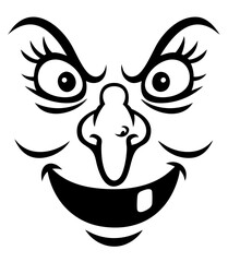 Witch face with mischievous smile, evil eyes and hooked nose, spooky halloween mask