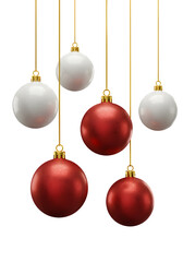 Red and white Christmas baubles hanging on golden strings, isolated on transparent background