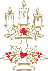Christmas candle holder with holly leaves and berries, festive lit candles for seasonal decoration and greeting card design, flat vector