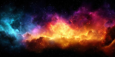 Fototapeta premium Vibrant Cosmic Nebula with Blue, Purple, Red, and Orange Hues, Glowing Stars in Deep Space Universe. Abstract Astronomy Background for Sci-Fi, Space Exploration, Celestial Art, and Futuristic Design 