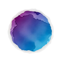 A circular watercolor design featuring a smooth gradient transitioning from deep purple and violet to bright cyan and blue hues. The edges have a textured, organic appearance with white highlights.
