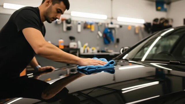 man in black shirt meticulously polishes the shiny hood of dark car using blue microfiber cloth The vehicles surface reflects overhead lights and his movements in professional workshop