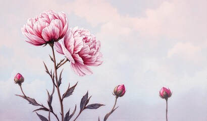 Soft pink peonies and developing buds stand tall against a serene, cloudy pastel sky, evoking natural beauty.