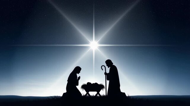 stark silhouette shows mother and father kneeling before an infant in manger bathed in light from brilliant multi-pointed star against vast star-filled night sky over serene landscape