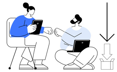 Two colleagues with digital devices exchange files, represented by a download arrow pointing to a box. Ideal for teamwork, online collaboration, productivity, data transfer, digital archiving