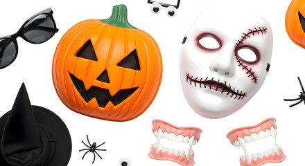 Festive Halloween background featuring a collection of spooky objects like a jack o'lantern, scary mask, witch hat, and fake teeth for a party