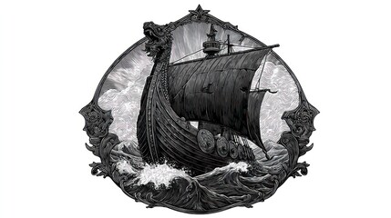 Viking ship illustration detailed artwork of a longship on rough seas