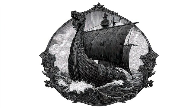 Viking ship illustration detailed artwork of a longship on rough seas
