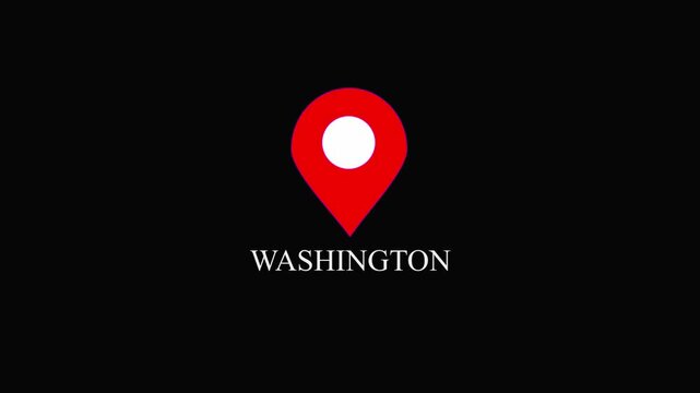Red location pin icon with white circle and the word Washington on black background map marker navigation