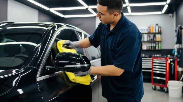 skilled professional in gray gloves meticulously polishes black car with yellow microfiber cloths The vehicles glossy surface reflects bright lights in clean well-equipped auto workshop highlighting e