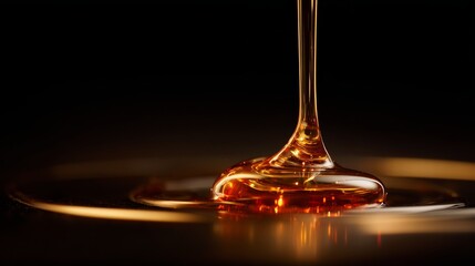 A single, perfect, viscous drop of golden honey or oil, suspended from an unseen dropper, just about to touch a pristine, velvety surface.