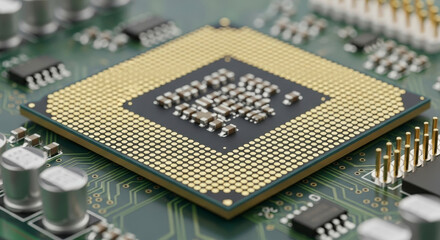 Close up of a computer processor chip on a motherboard circuit board with tiny components