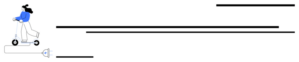 Woman riding an electric scooter with a trailing unplugged cable, representing sustainable energy use and modern mobility. Ideal for eco-friendly lifestyle, sustainability, transportation, green