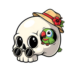 Whimsical Cartoon Skull Wearing Sunglasses and a Tropical Hat with a Small Parrot Peeking from Eye Socket