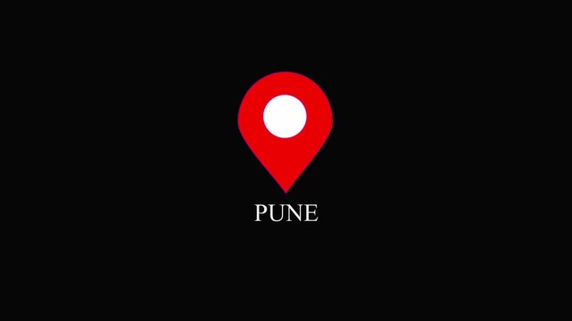 Red location pin icon with white circle and the word Pune on black background map marker navigation