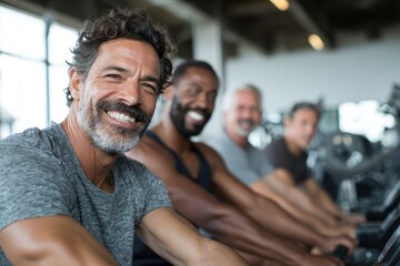 In a gym men of various backgrounds exercise together one on a rowing machine