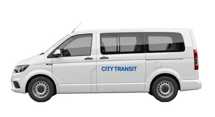 White city transit van parked on a street, surrounded by urban scenery and pedestrians